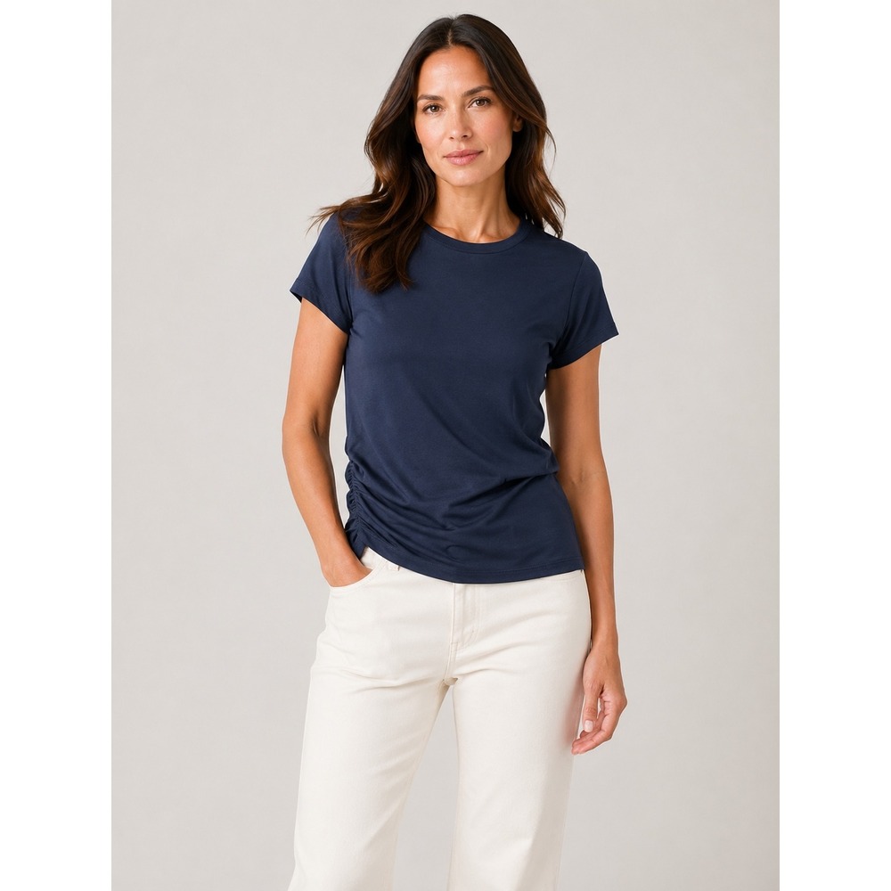 Madewell Asymmetric Ruched Tee Side Cinch XS Navy Blue Short Sleeve Cotton Modal